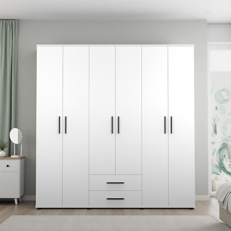 White 6 Kapaklı 2 Çekmeceli Gardırop-Mat Beyaz 206x213x52 cm (GxYxD) - 3