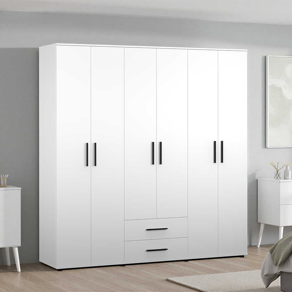 White 6 Kapaklı 2 Çekmeceli Gardırop-Mat Beyaz 206x213x52 cm (GxYxD) - Adore Mobilya