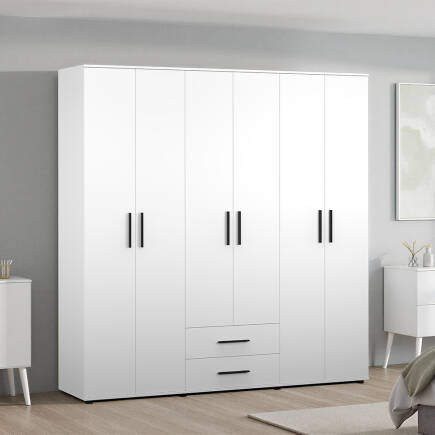 White 6 Kapaklı 2 Çekmeceli Gardırop-Mat Beyaz 206x213x52 cm (GxYxD) - 1