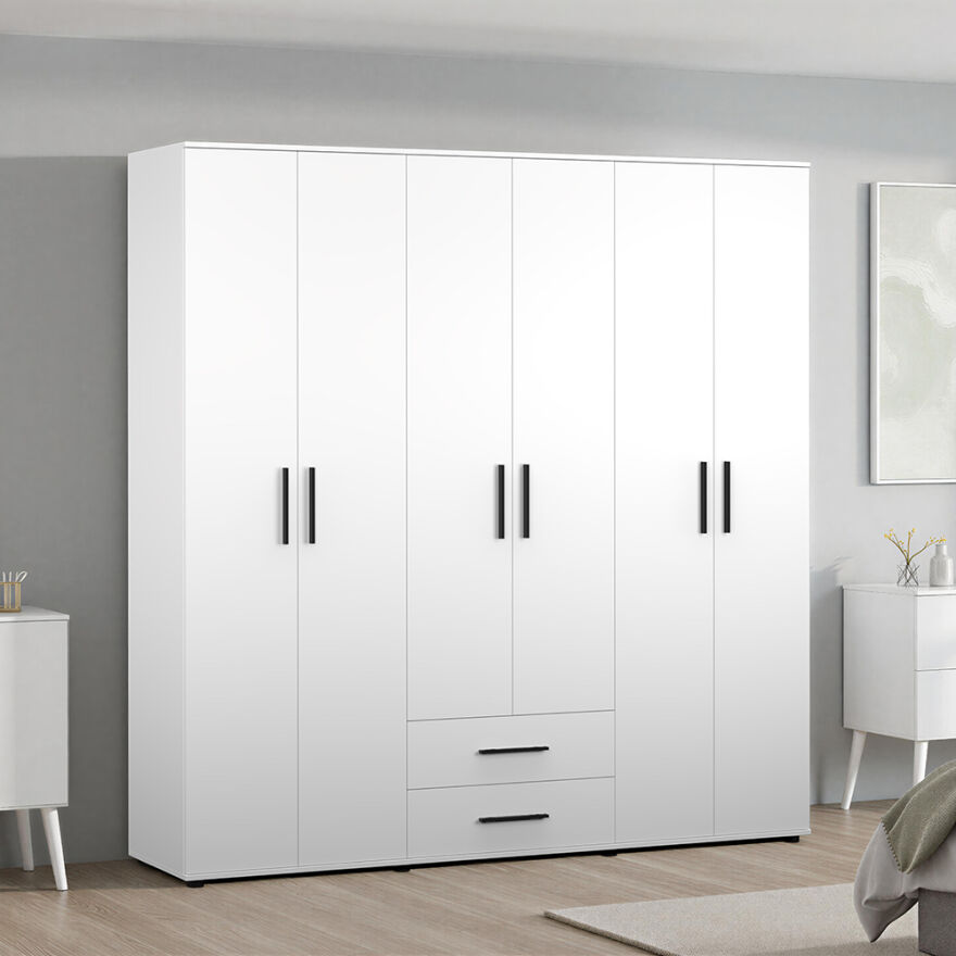 White 6 Kapaklı 2 Çekmeceli Gardırop-Mat Beyaz 206x213x52 cm (GxYxD) - 1